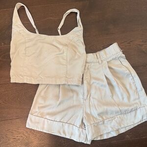 Sage green Linen-Look Crop Top & High-Waist Shorts Set